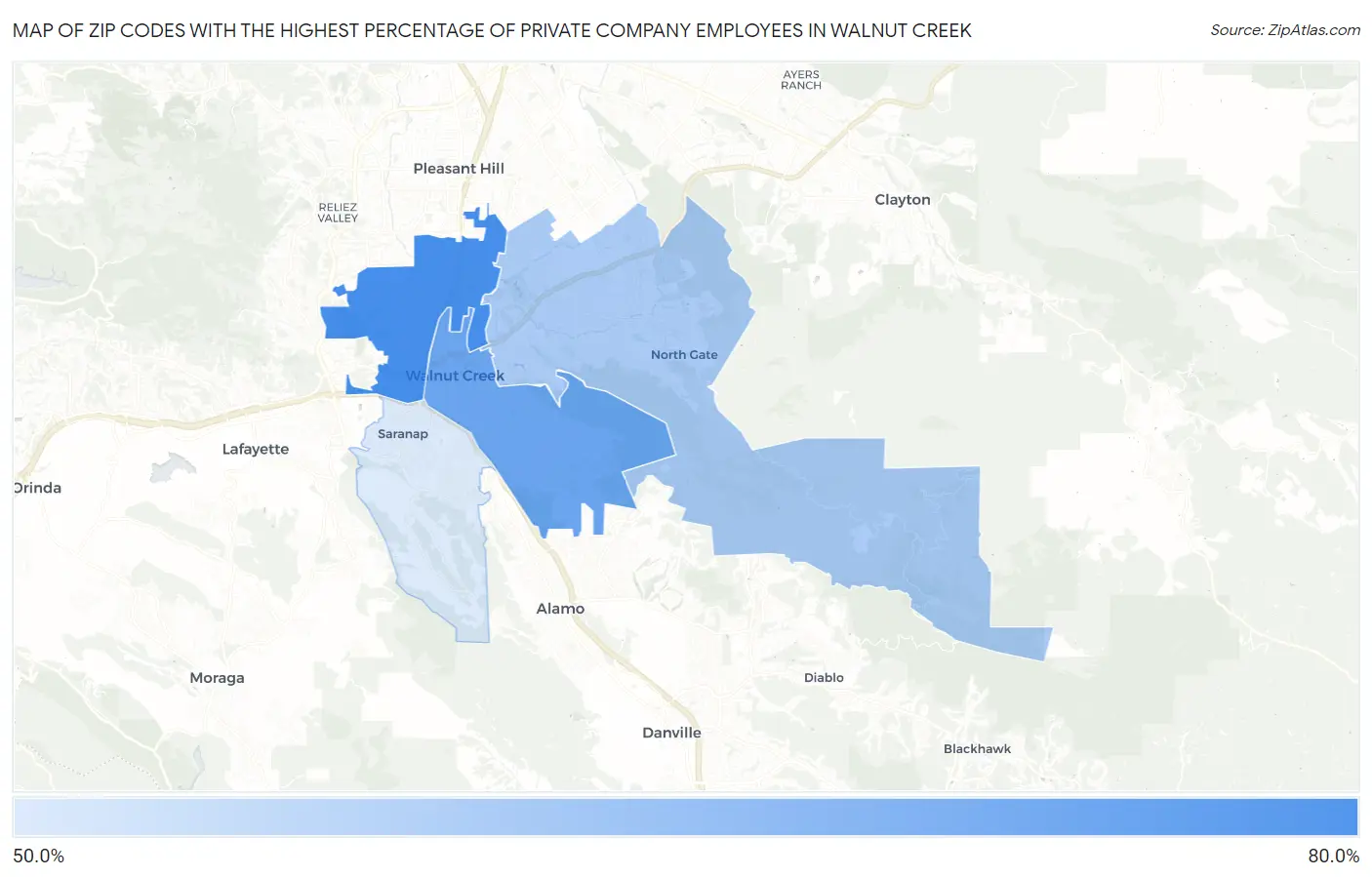 Zip Codes with the Highest Percentage of Private Company Employees in Walnut Creek Map