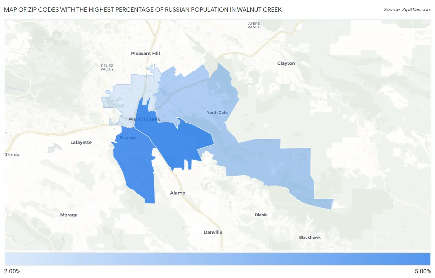 Zip Codes with the Highest Percentage of Russian Population in Walnut Creek Map