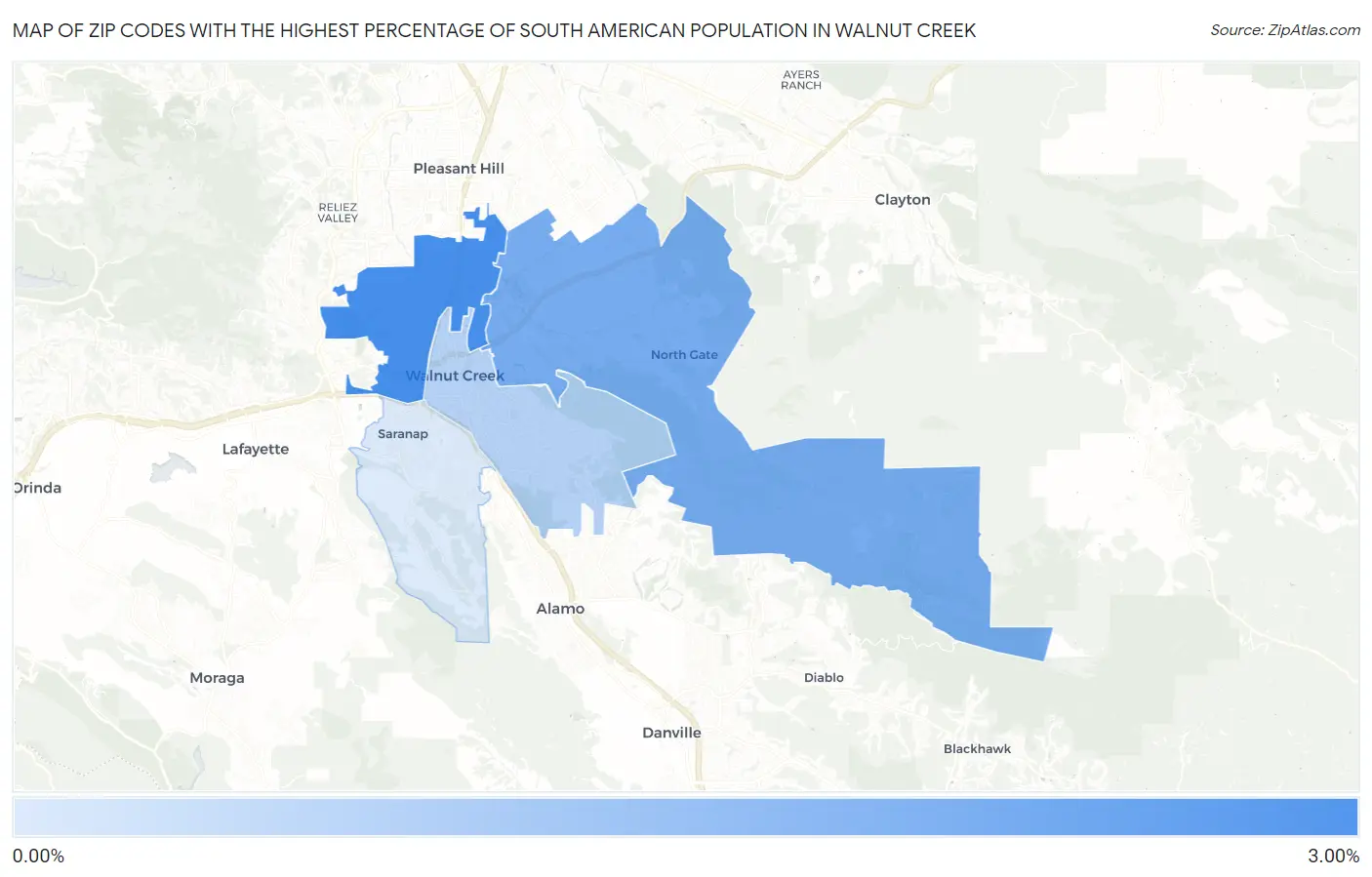 Zip Codes with the Highest Percentage of South American Population in Walnut Creek Map