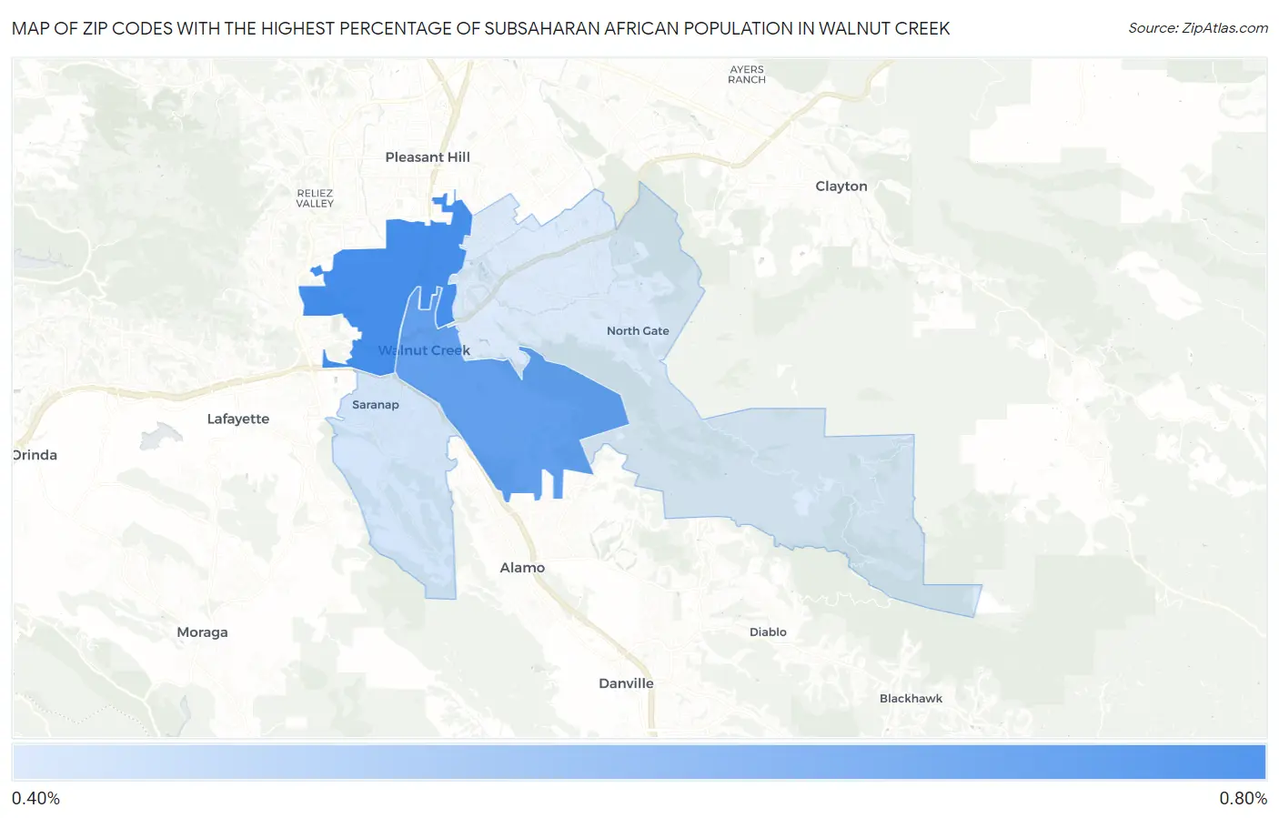 Zip Codes with the Highest Percentage of Subsaharan African Population in Walnut Creek Map