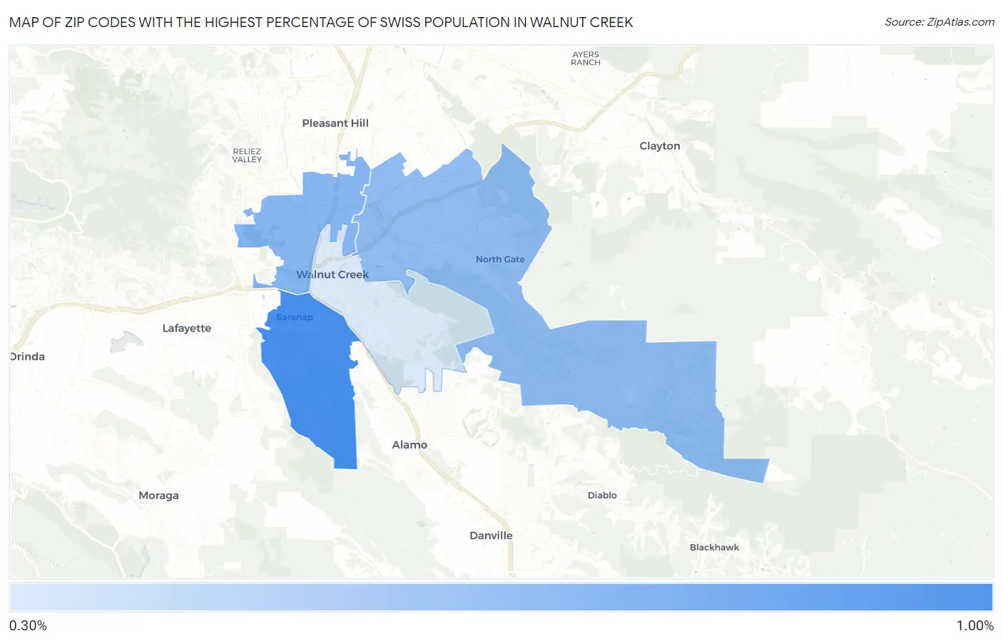 Zip Codes with the Highest Percentage of Swiss Population in Walnut Creek Map