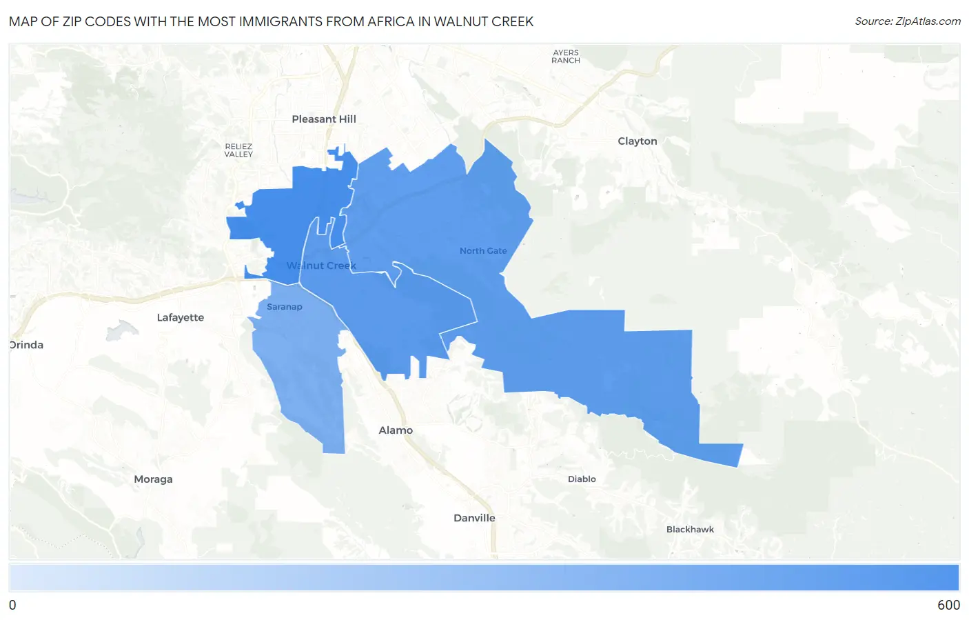 Zip Codes with the Most Immigrants from Africa in Walnut Creek Map