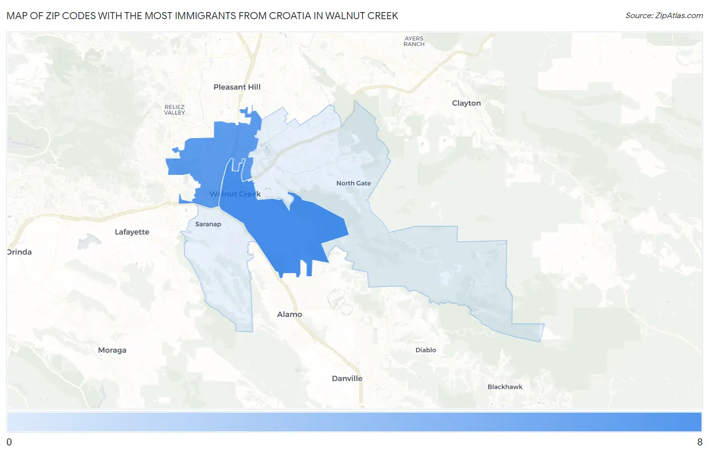 Zip Codes with the Most Immigrants from Croatia in Walnut Creek Map