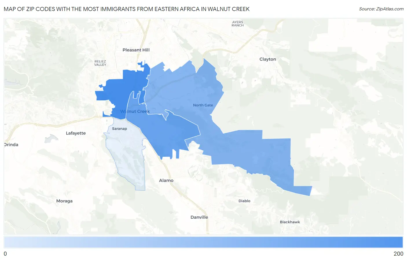 Zip Codes with the Most Immigrants from Eastern Africa in Walnut Creek Map