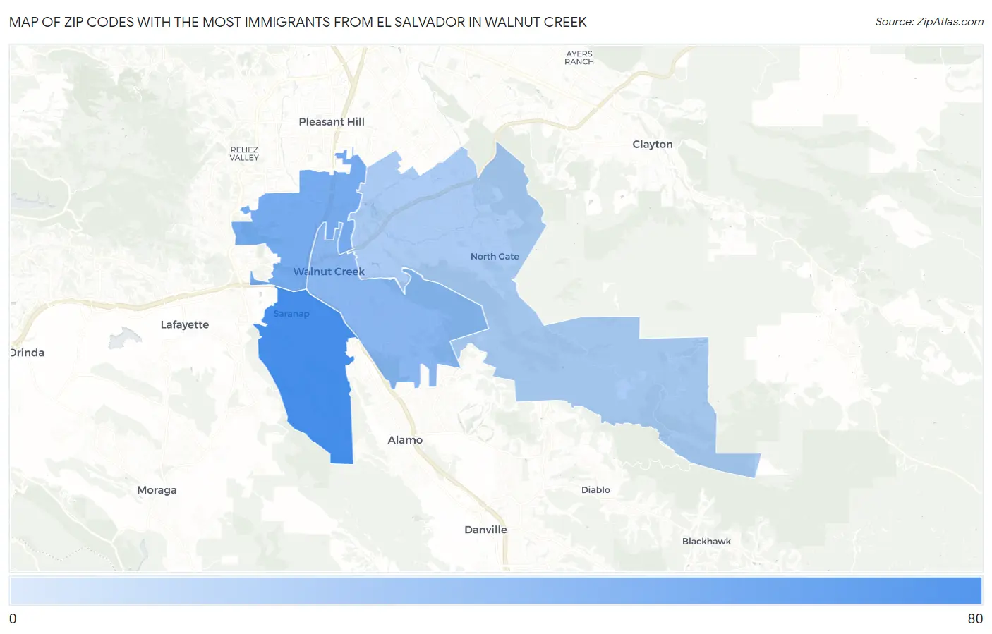 Zip Codes with the Most Immigrants from El Salvador in Walnut Creek Map