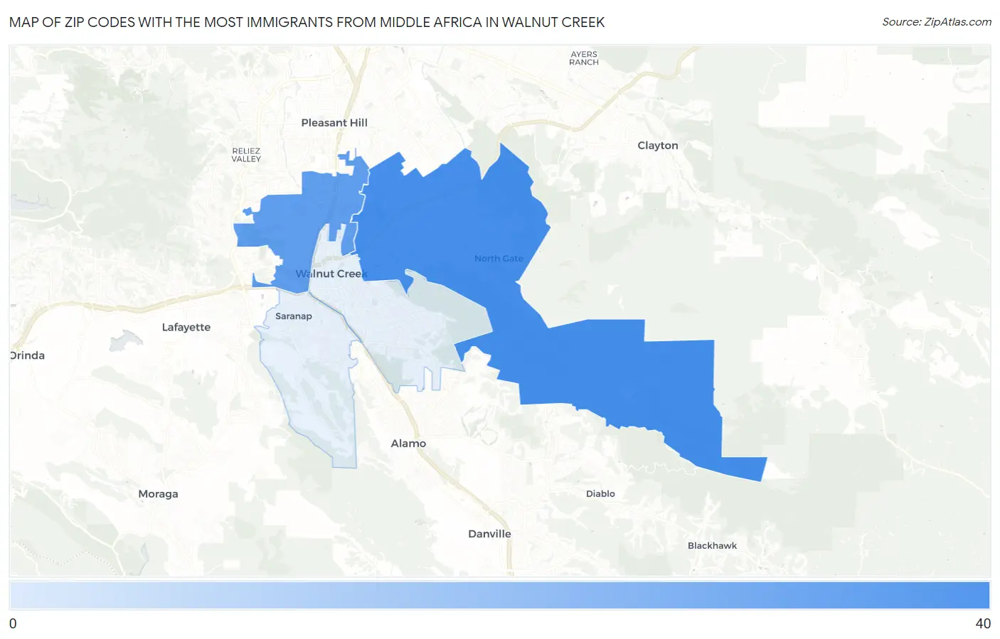 Zip Codes with the Most Immigrants from Middle Africa in Walnut Creek Map