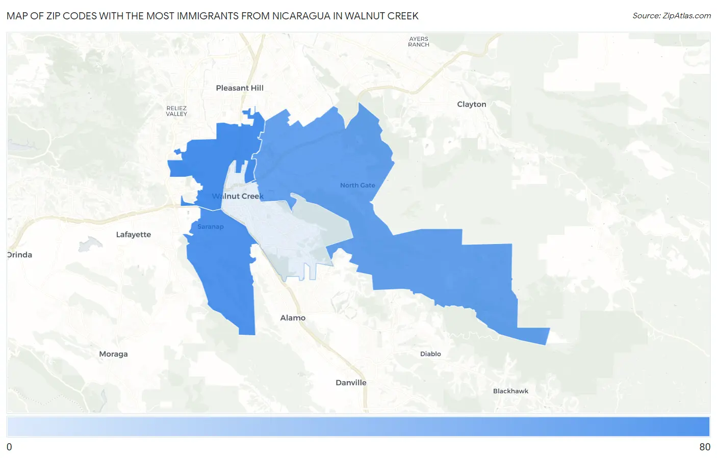 Zip Codes with the Most Immigrants from Nicaragua in Walnut Creek Map