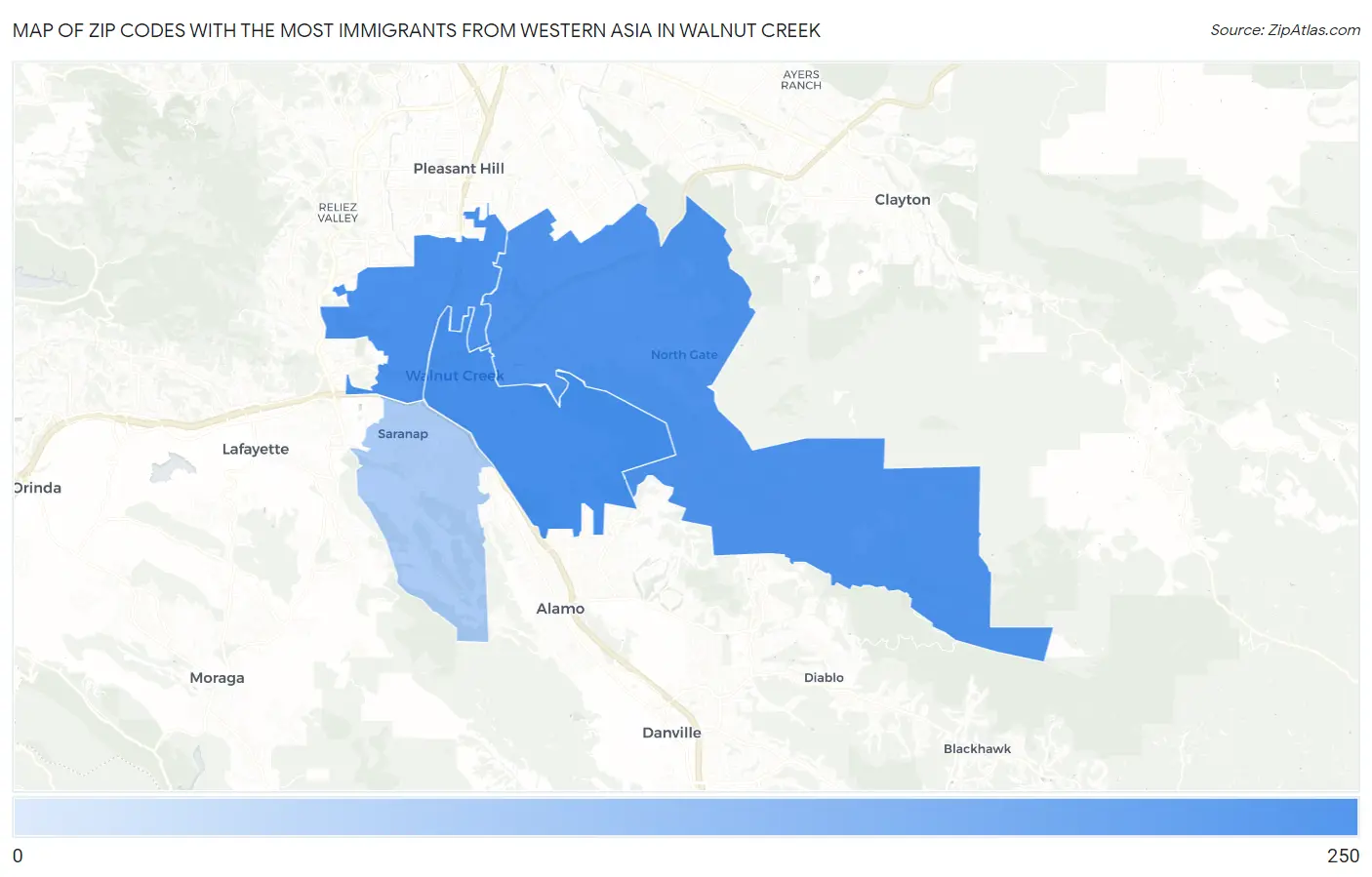 Zip Codes with the Most Immigrants from Western Asia in Walnut Creek Map