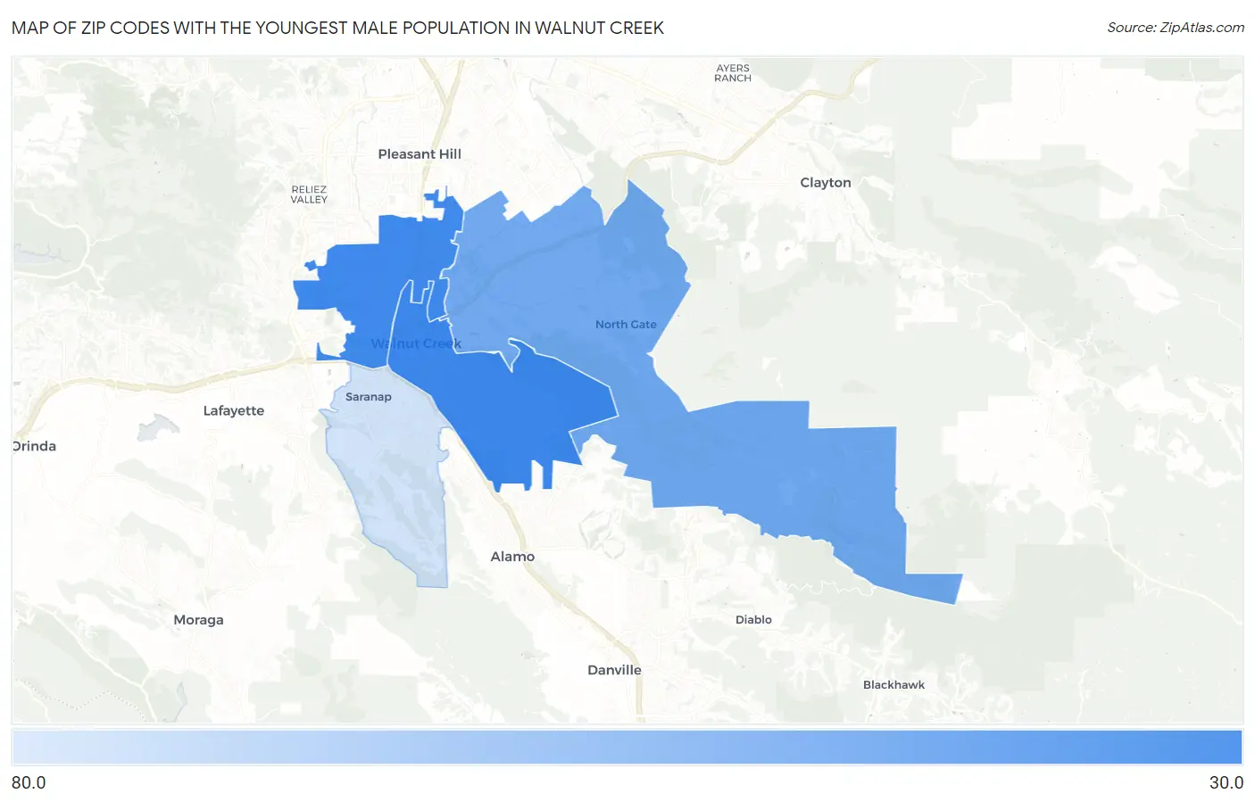 Zip Codes with the Youngest Male Population in Walnut Creek Map