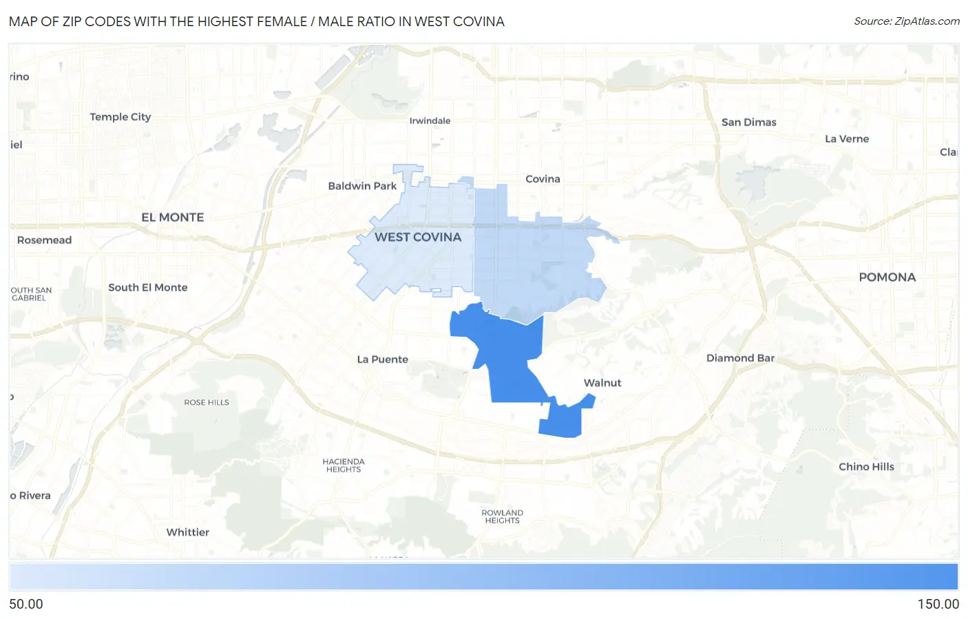 Zip Codes with the Highest Female / Male Ratio in West Covina Map