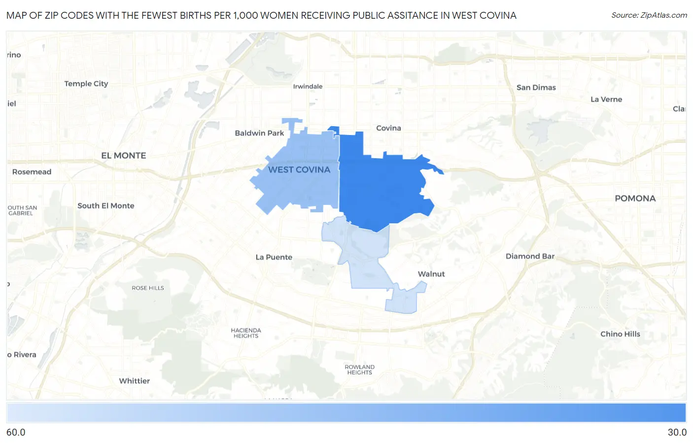 Zip Codes with the Fewest Births per 1,000 Women Receiving Public Assitance in West Covina Map