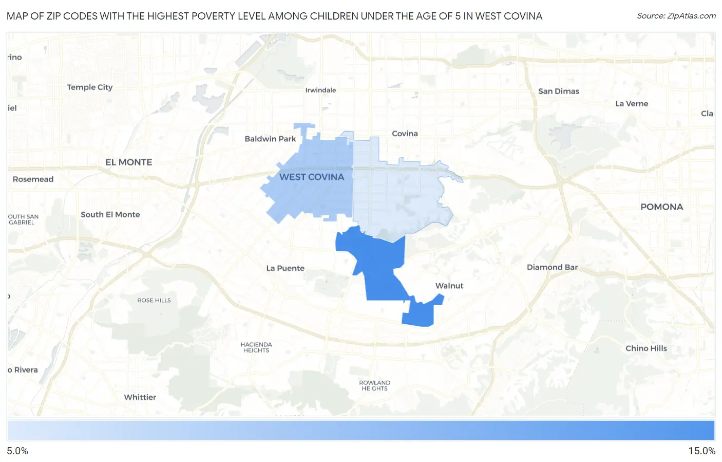 Zip Codes with the Highest Poverty Level Among Children Under the Age of 5 in West Covina Map