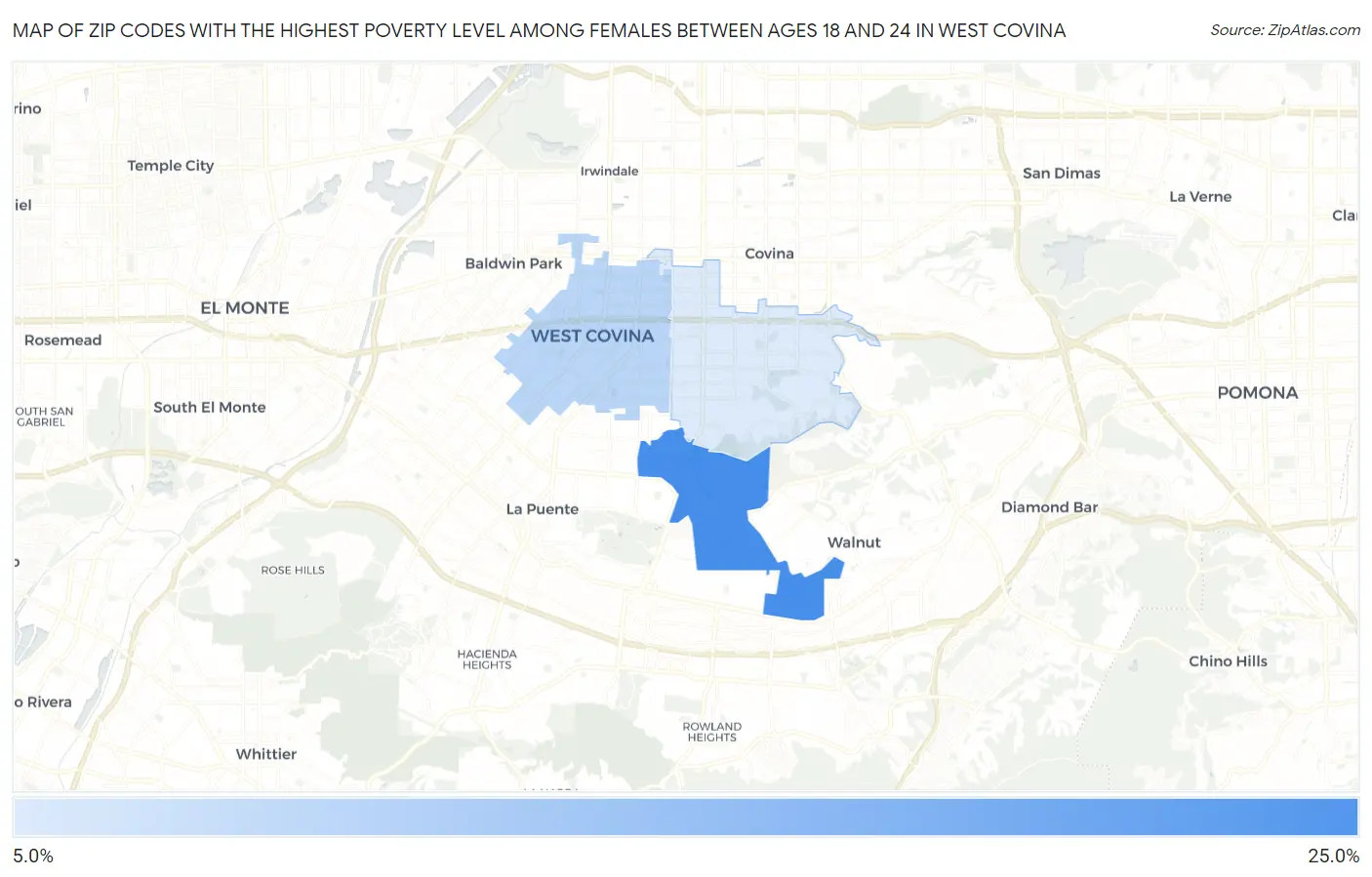 Zip Codes with the Highest Poverty Level Among Females Between Ages 18 and 24 in West Covina Map