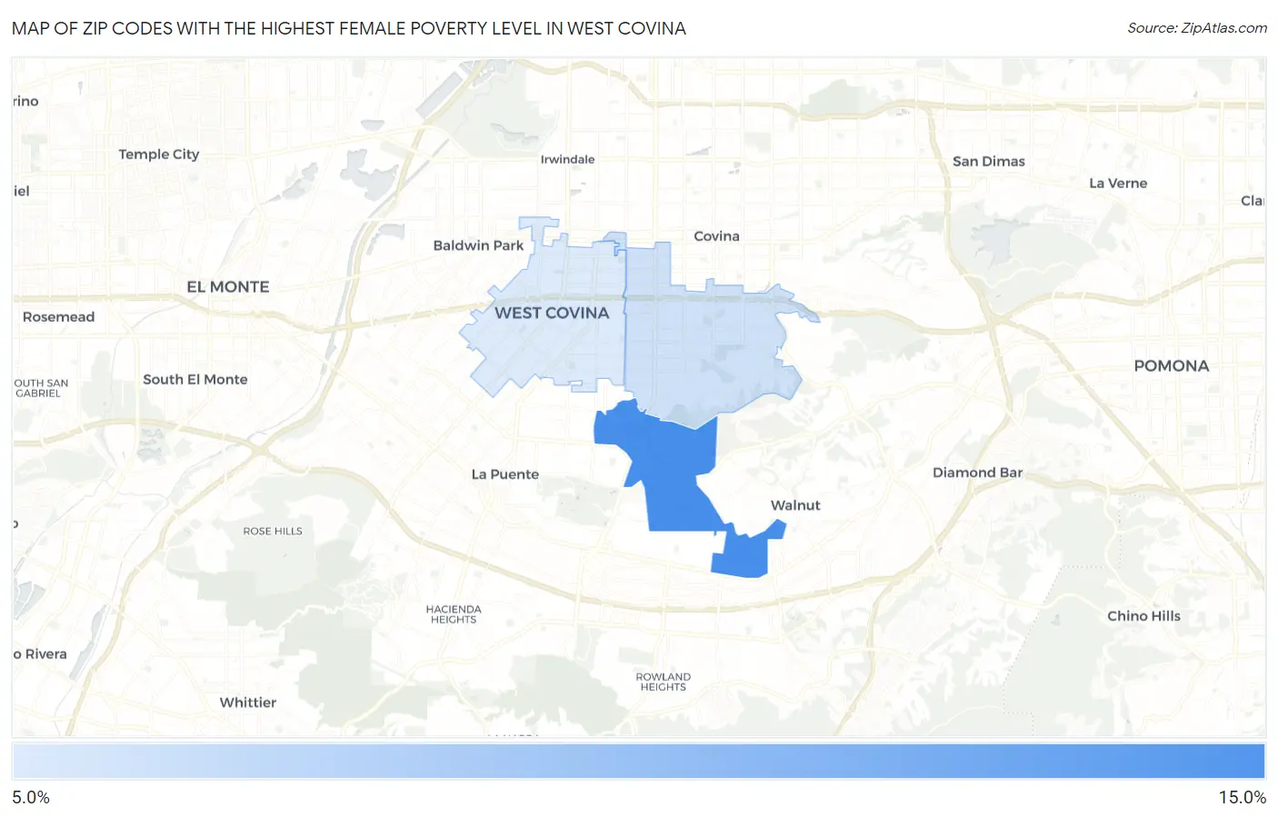 Zip Codes with the Highest Female Poverty Level in West Covina Map