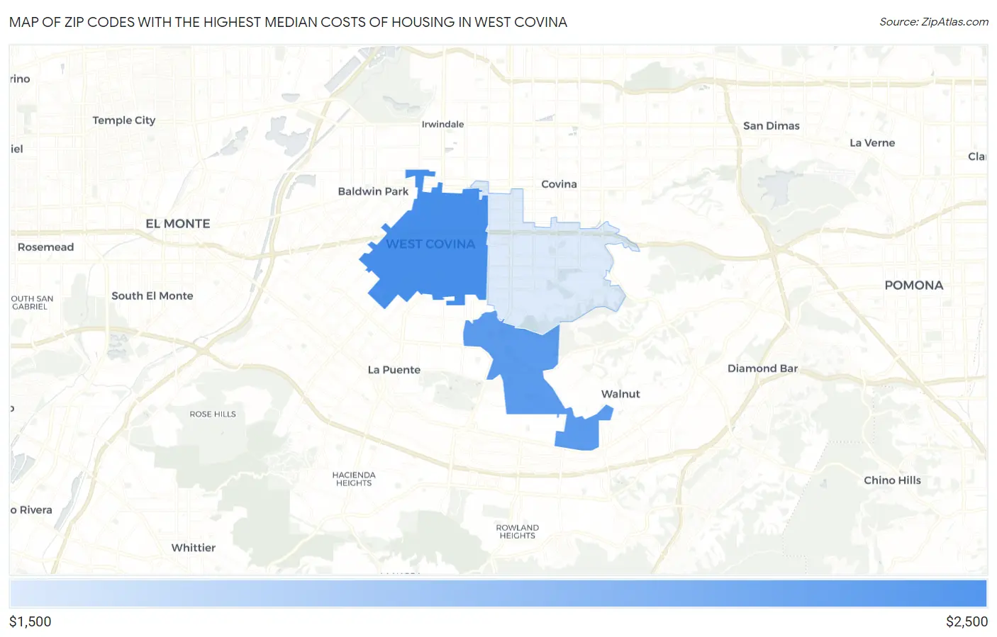 Zip Codes with the Highest Median Costs of Housing in West Covina Map