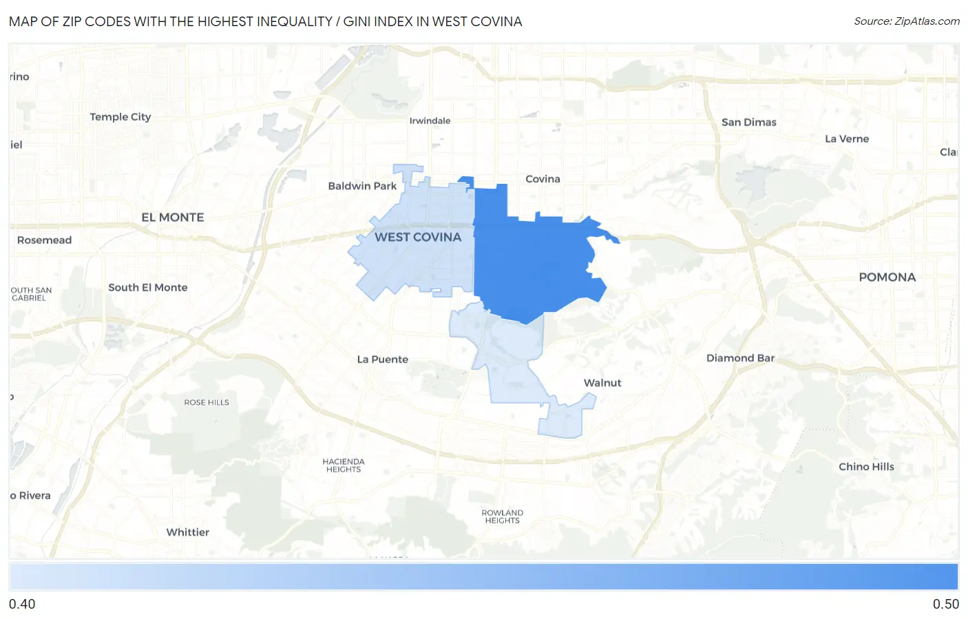 Zip Codes with the Highest Inequality / Gini Index in West Covina Map