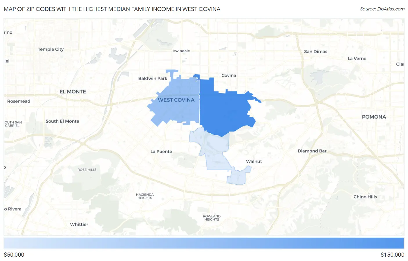 Zip Codes with the Highest Median Family Income in West Covina Map