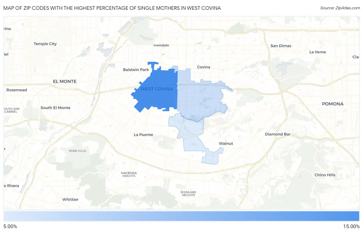 Zip Codes with the Highest Percentage of Single Mothers in West Covina Map