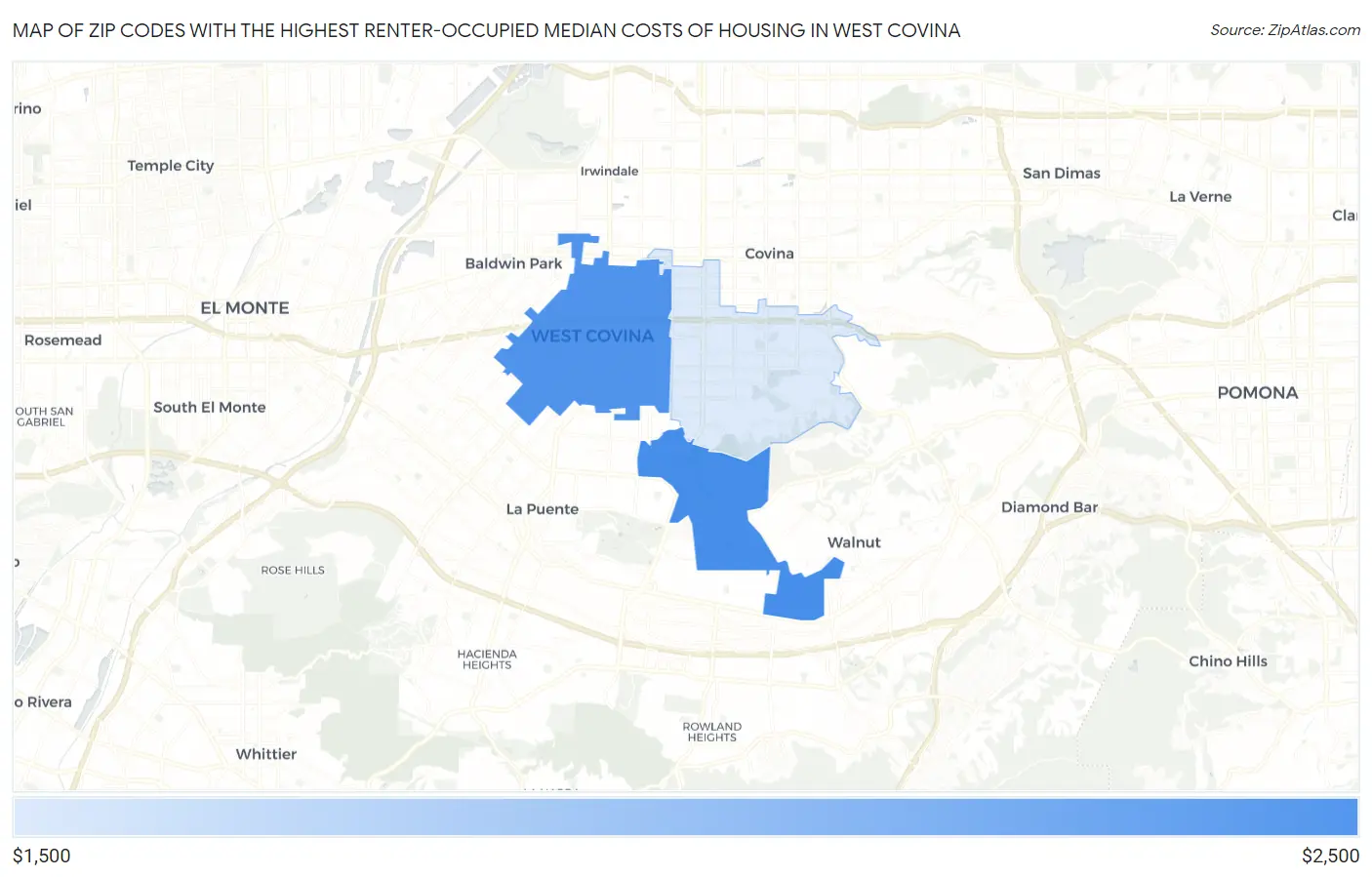 Zip Codes with the Highest Renter-Occupied Median Costs of Housing in West Covina Map