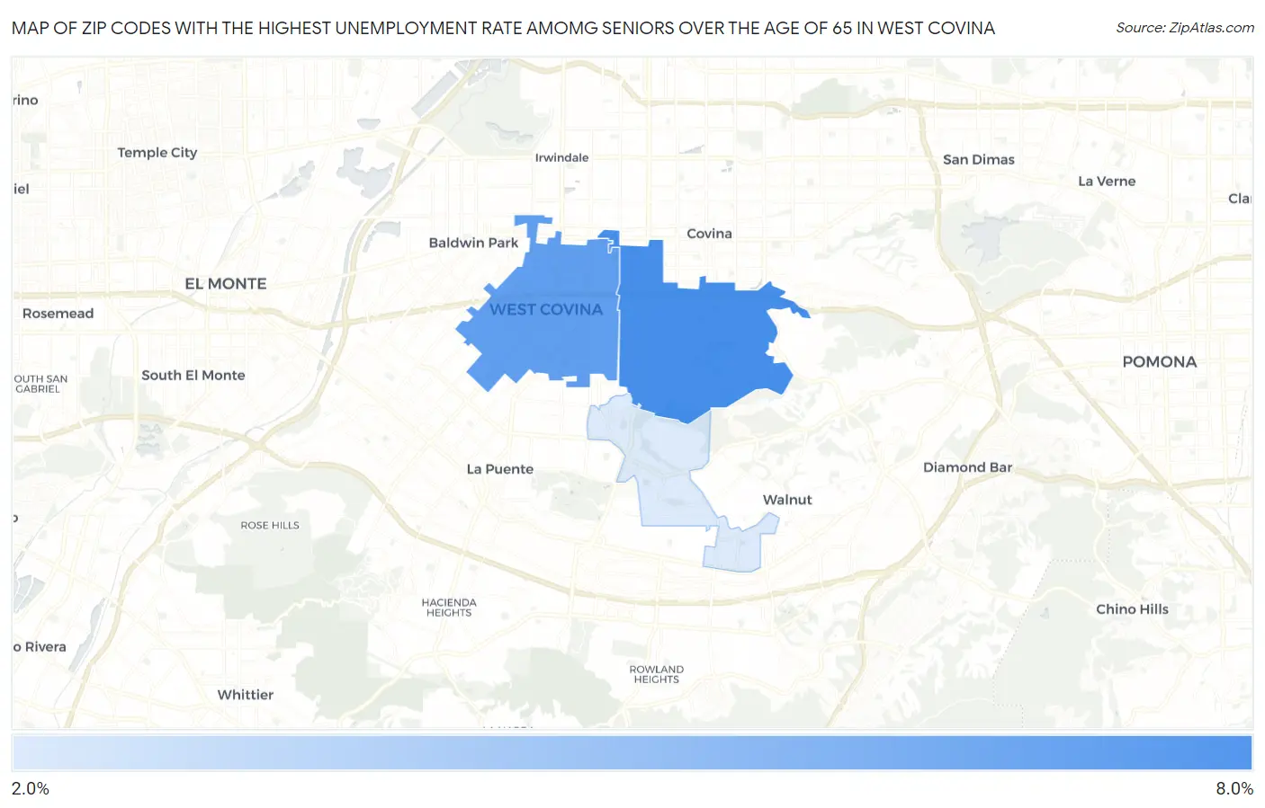 Zip Codes with the Highest Unemployment Rate Amomg Seniors Over the Age of 65 in West Covina Map
