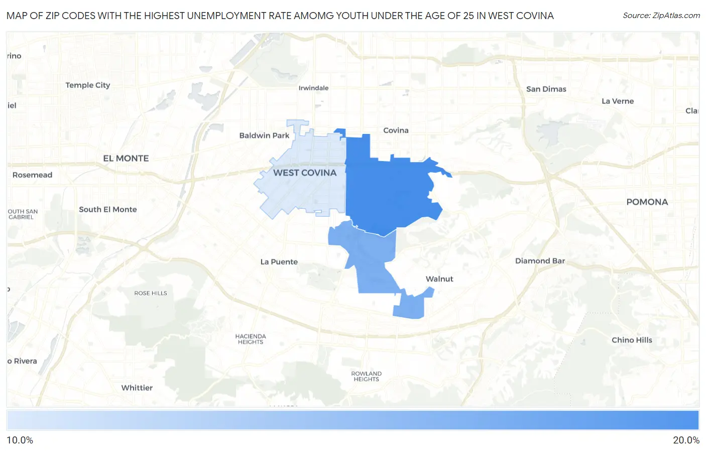 Zip Codes with the Highest Unemployment Rate Amomg Youth Under the Age of 25 in West Covina Map