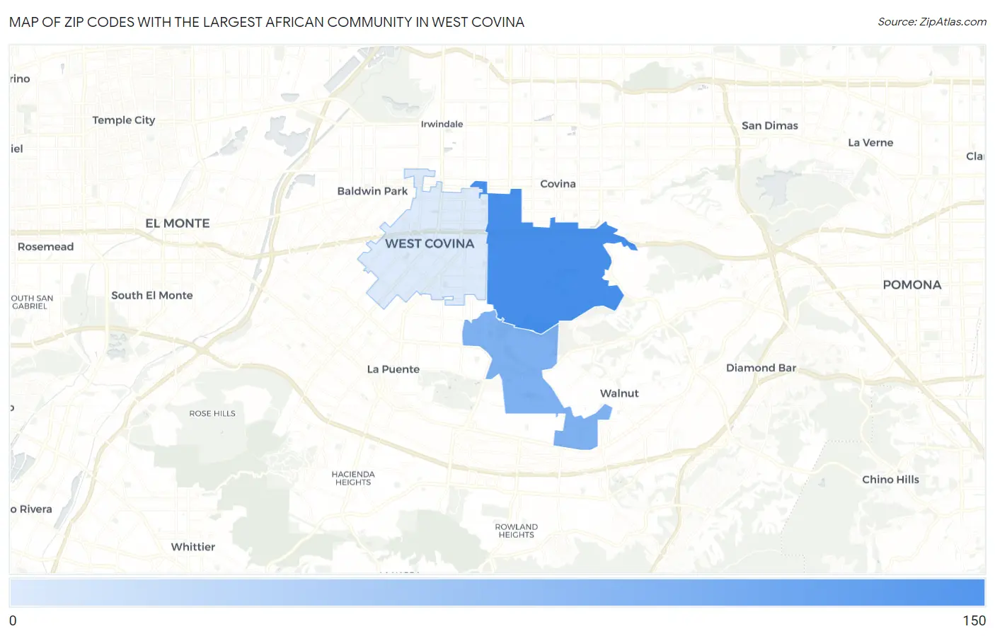 Zip Codes with the Largest African Community in West Covina Map