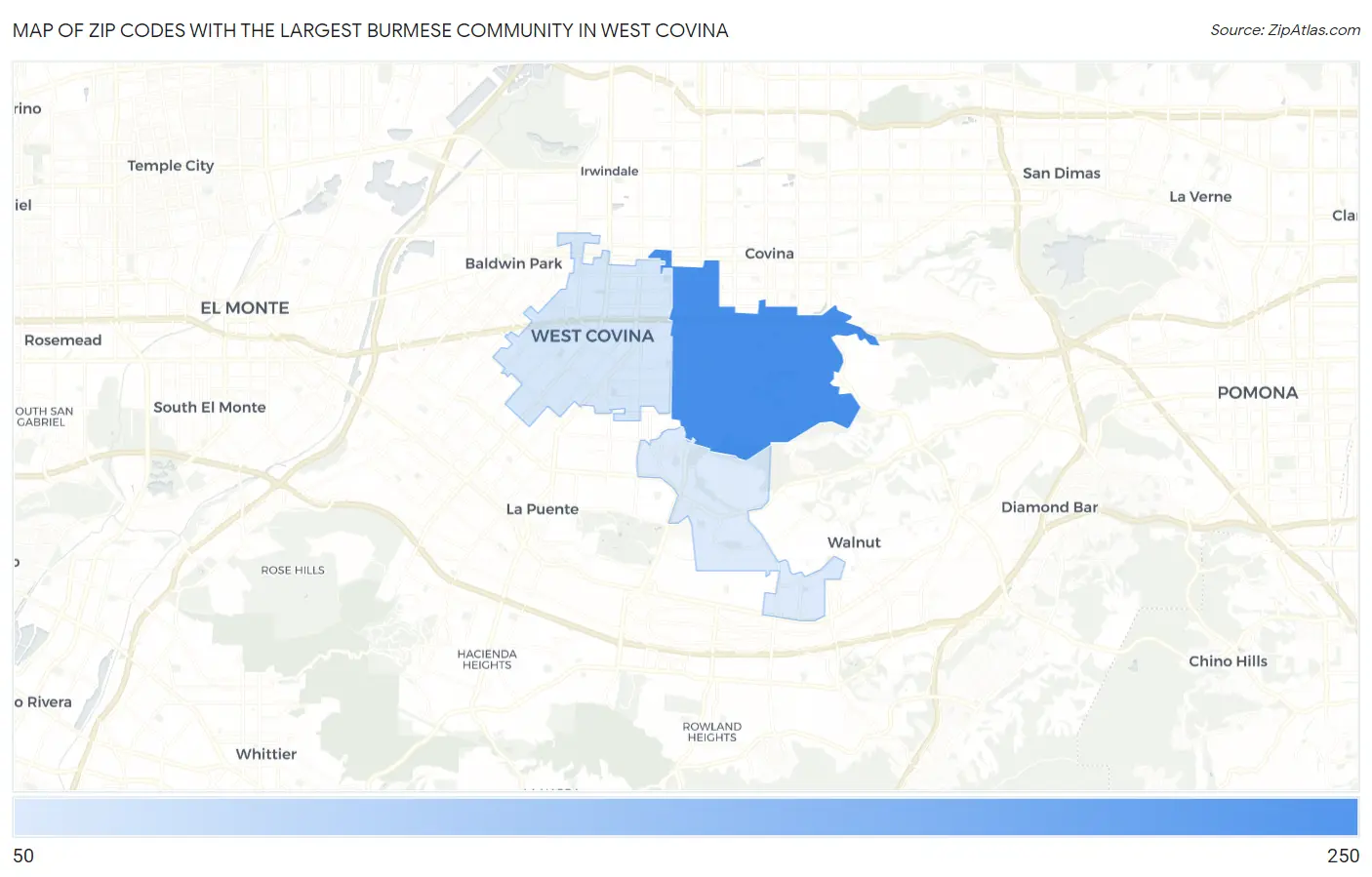 Zip Codes with the Largest Burmese Community in West Covina Map