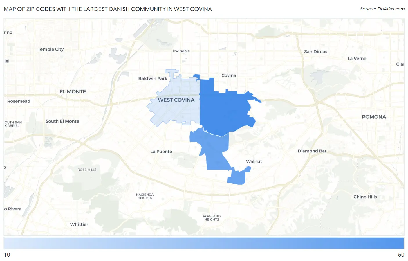 Zip Codes with the Largest Danish Community in West Covina Map