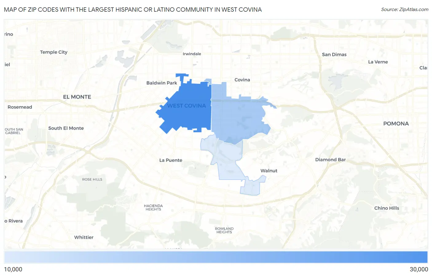 Zip Codes with the Largest Hispanic or Latino Community in West Covina Map