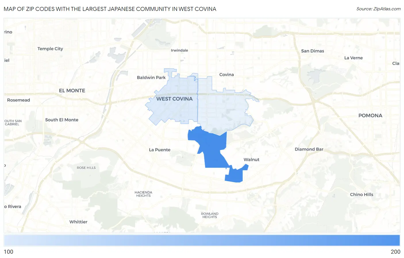 Zip Codes with the Largest Japanese Community in West Covina Map