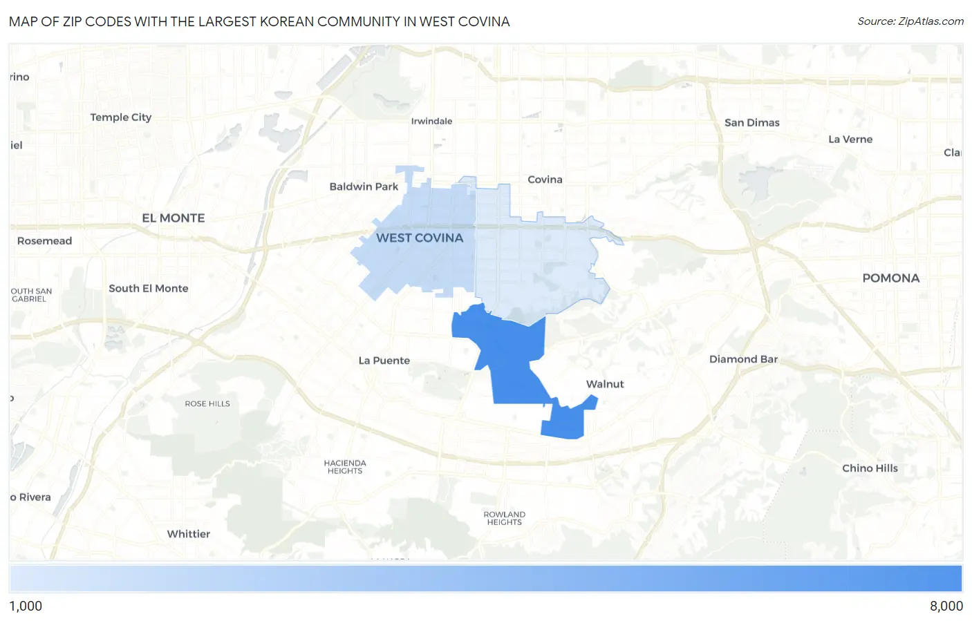 Zip Codes with the Largest Korean Community in West Covina Map