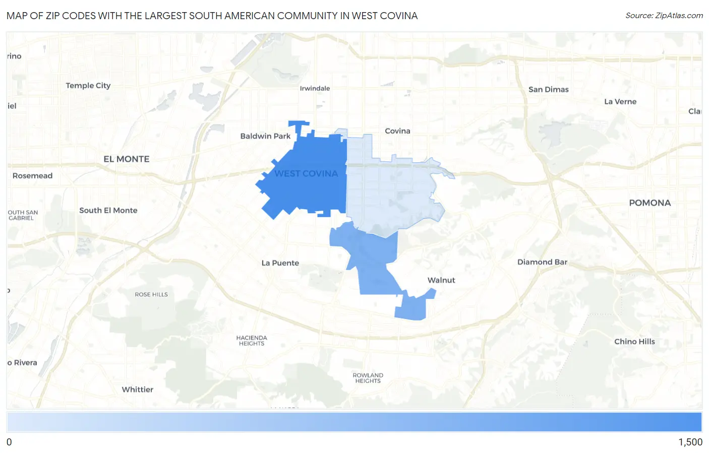 Zip Codes with the Largest South American Community in West Covina Map