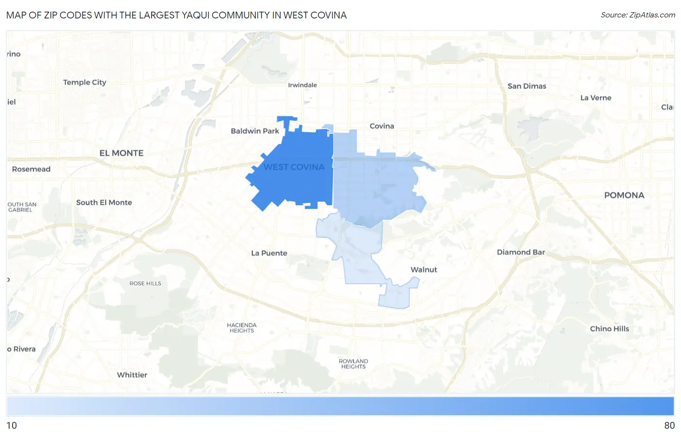 Zip Codes with the Largest Yaqui Community in West Covina Map