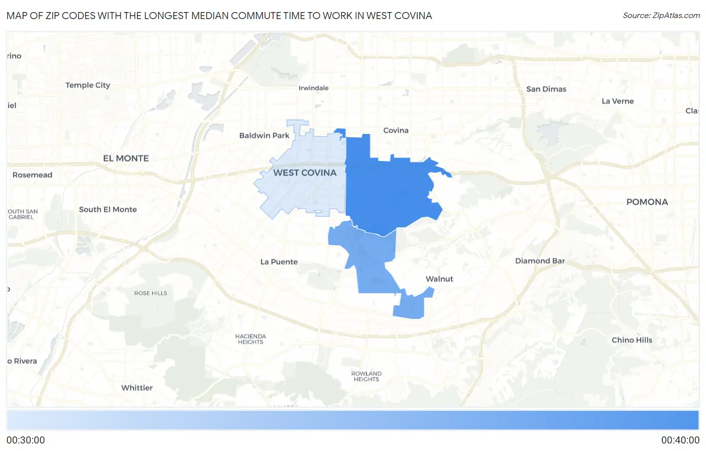 Zip Codes with the Longest Median Commute Time to Work in West Covina Map