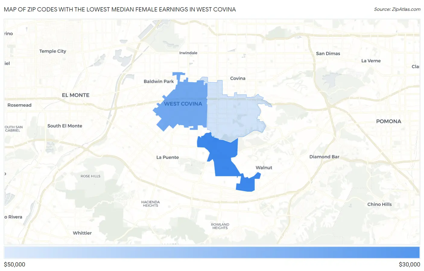 Zip Codes with the Lowest Median Female Earnings in West Covina Map
