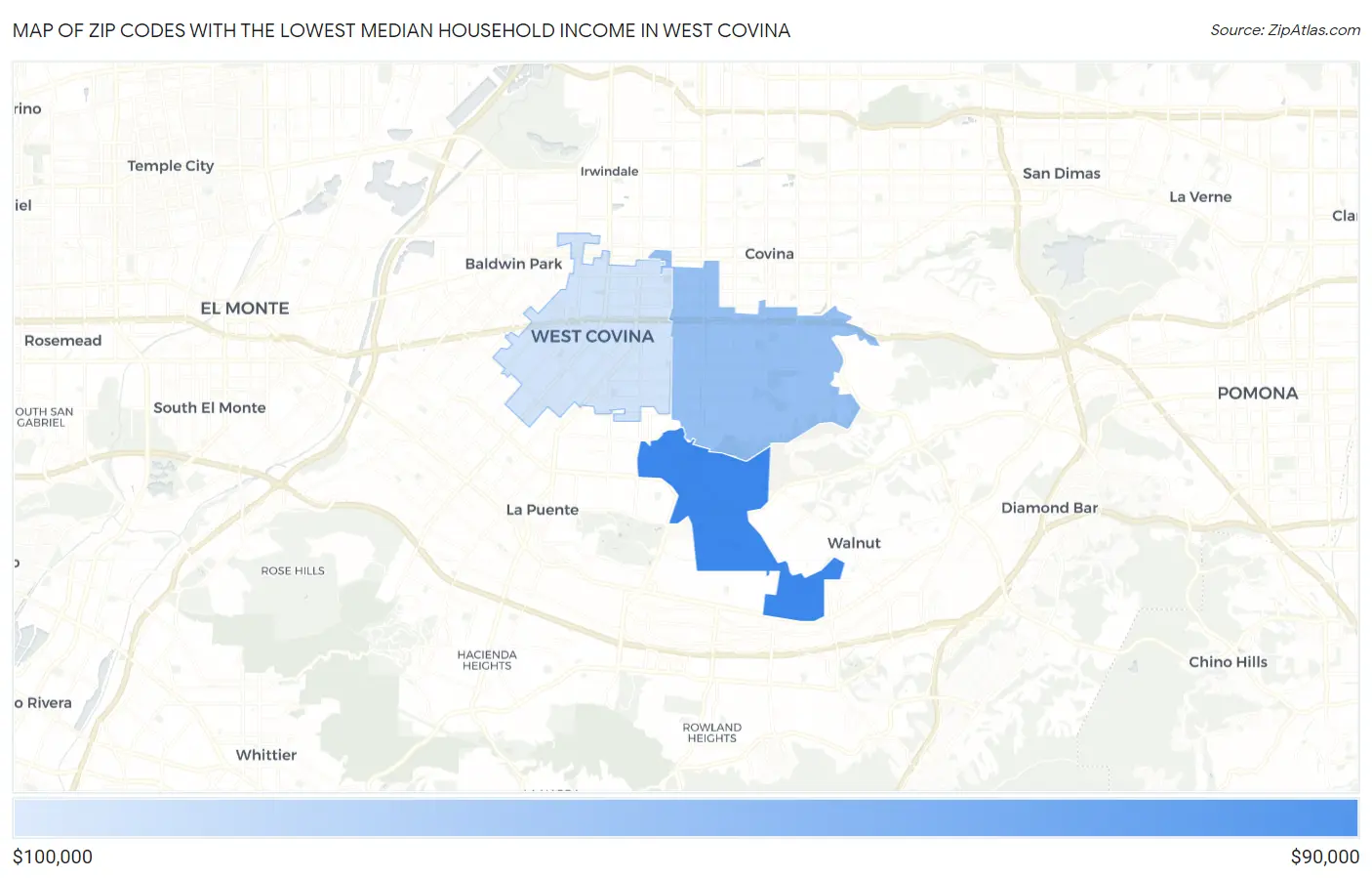 Zip Codes with the Lowest Median Household Income in West Covina Map