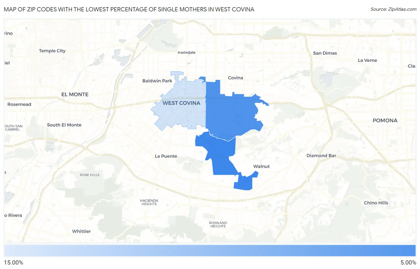 Zip Codes with the Lowest Percentage of Single Mothers in West Covina Map
