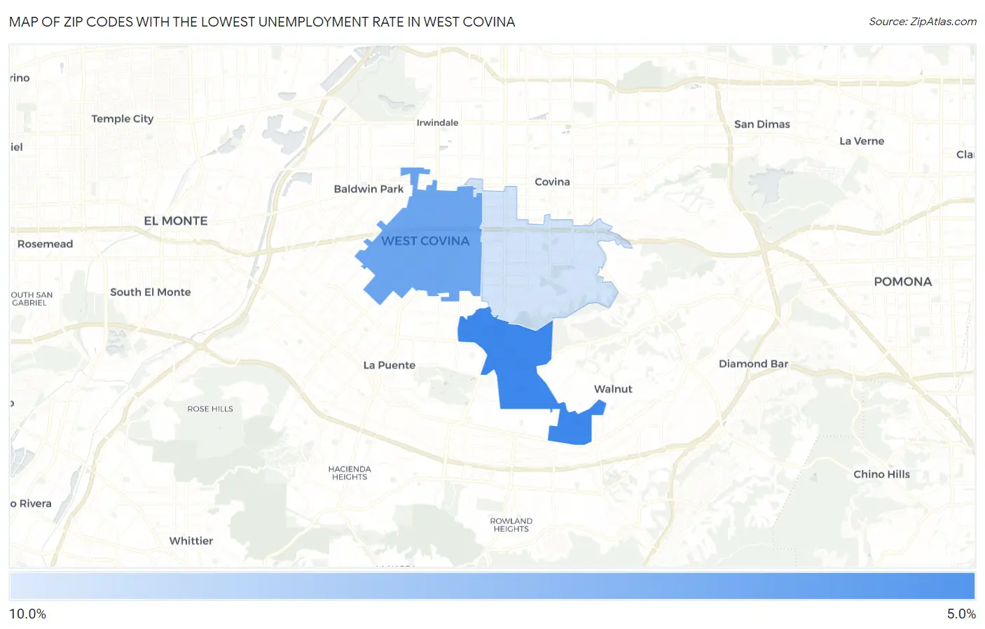 Zip Codes with the Lowest Unemployment Rate in West Covina Map