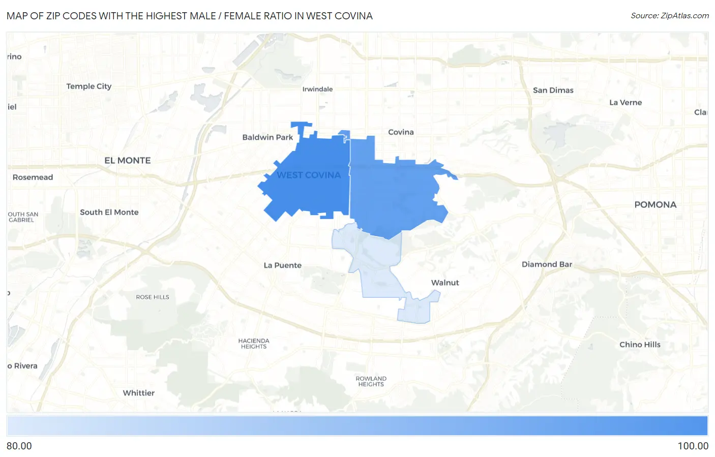 Zip Codes with the Highest Male / Female Ratio in West Covina Map