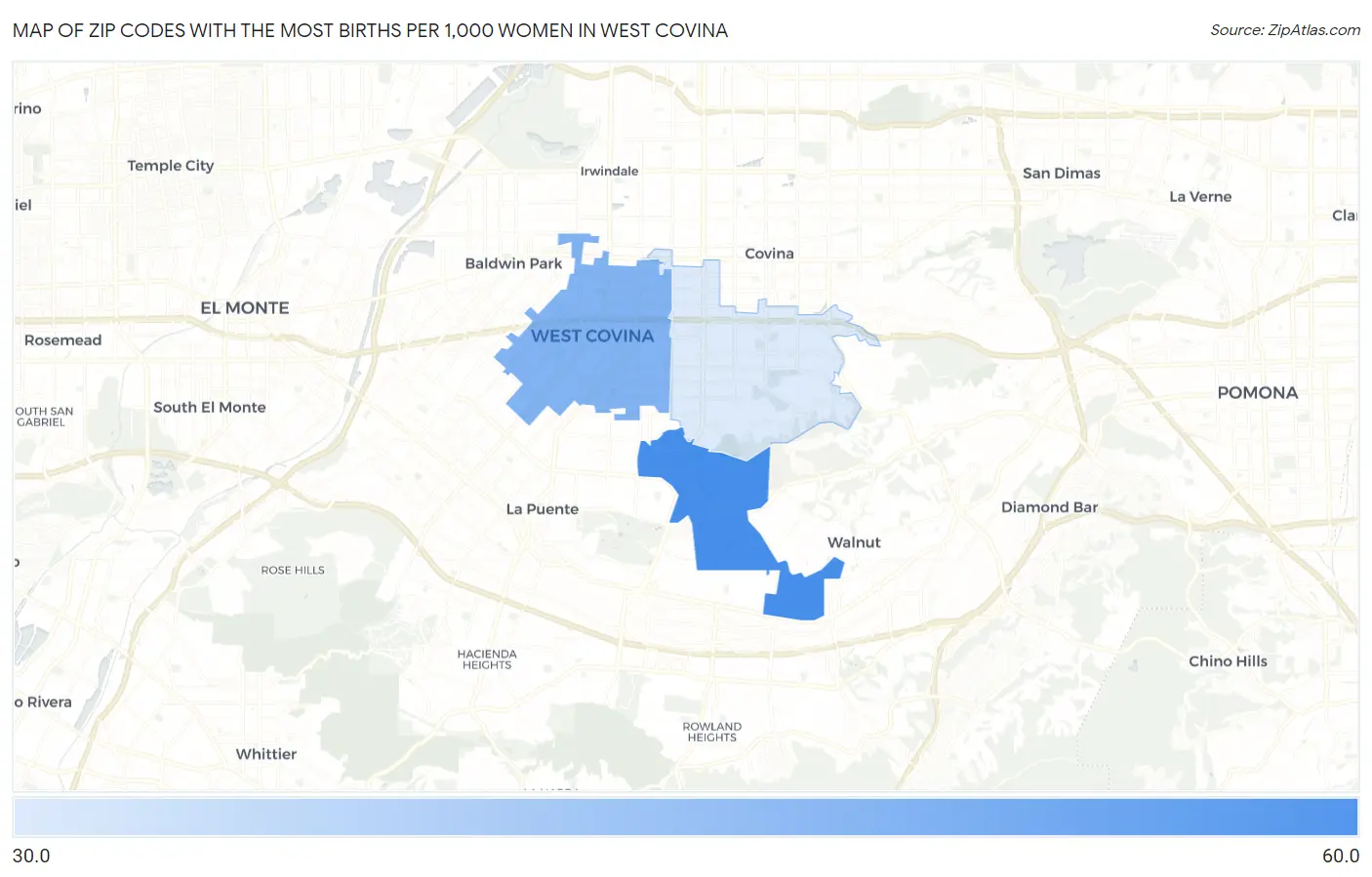 Zip Codes with the Most Births per 1,000 Women in West Covina Map