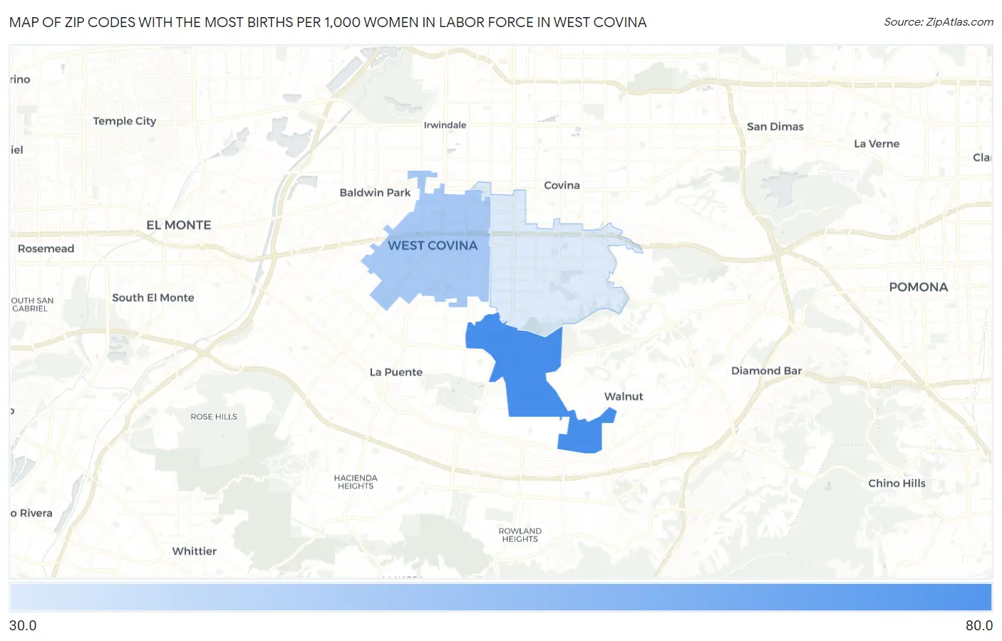 Zip Codes with the Most Births per 1,000 Women in Labor Force in West Covina Map