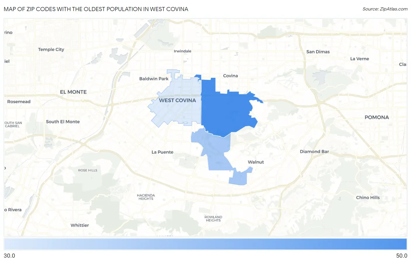 Zip Codes with the Oldest Population in West Covina Map