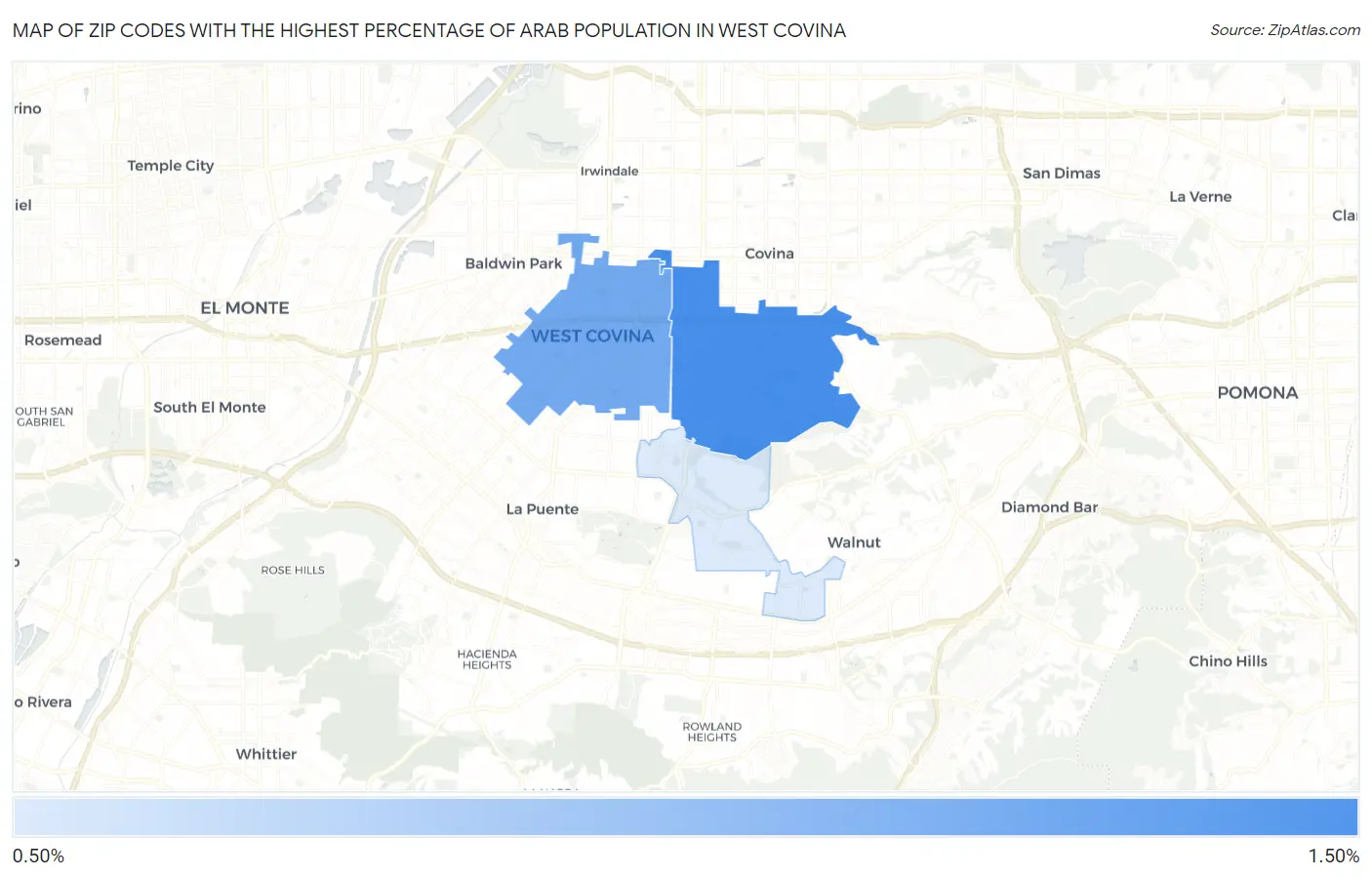 Zip Codes with the Highest Percentage of Arab Population in West Covina Map