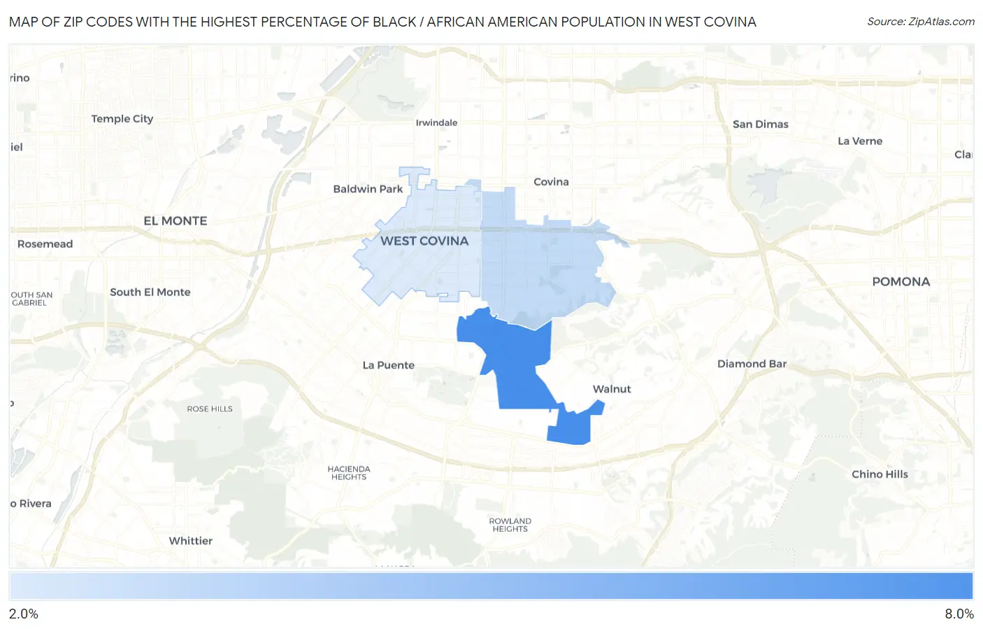 Zip Codes with the Highest Percentage of Black / African American Population in West Covina Map
