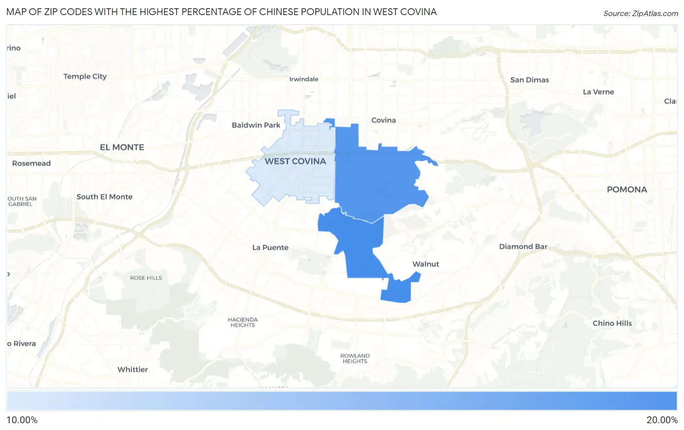 Zip Codes with the Highest Percentage of Chinese Population in West Covina Map