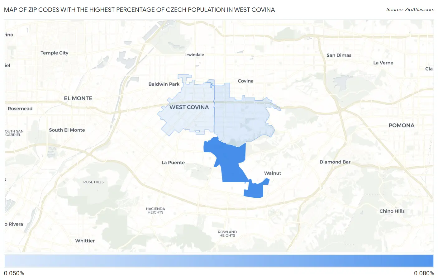 Zip Codes with the Highest Percentage of Czech Population in West Covina Map