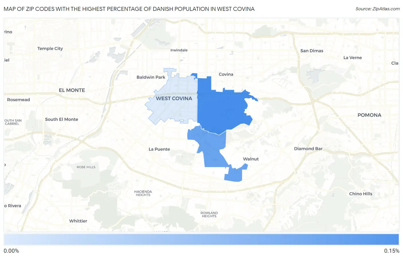 Zip Codes with the Highest Percentage of Danish Population in West Covina Map