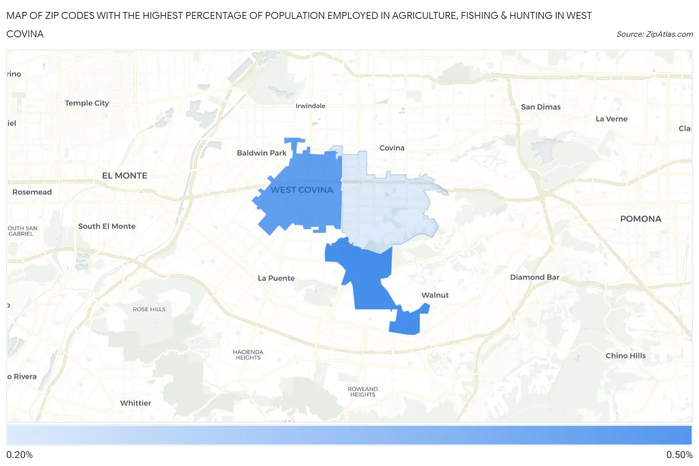 Zip Codes with the Highest Percentage of Population Employed in Agriculture, Fishing & Hunting in West Covina Map