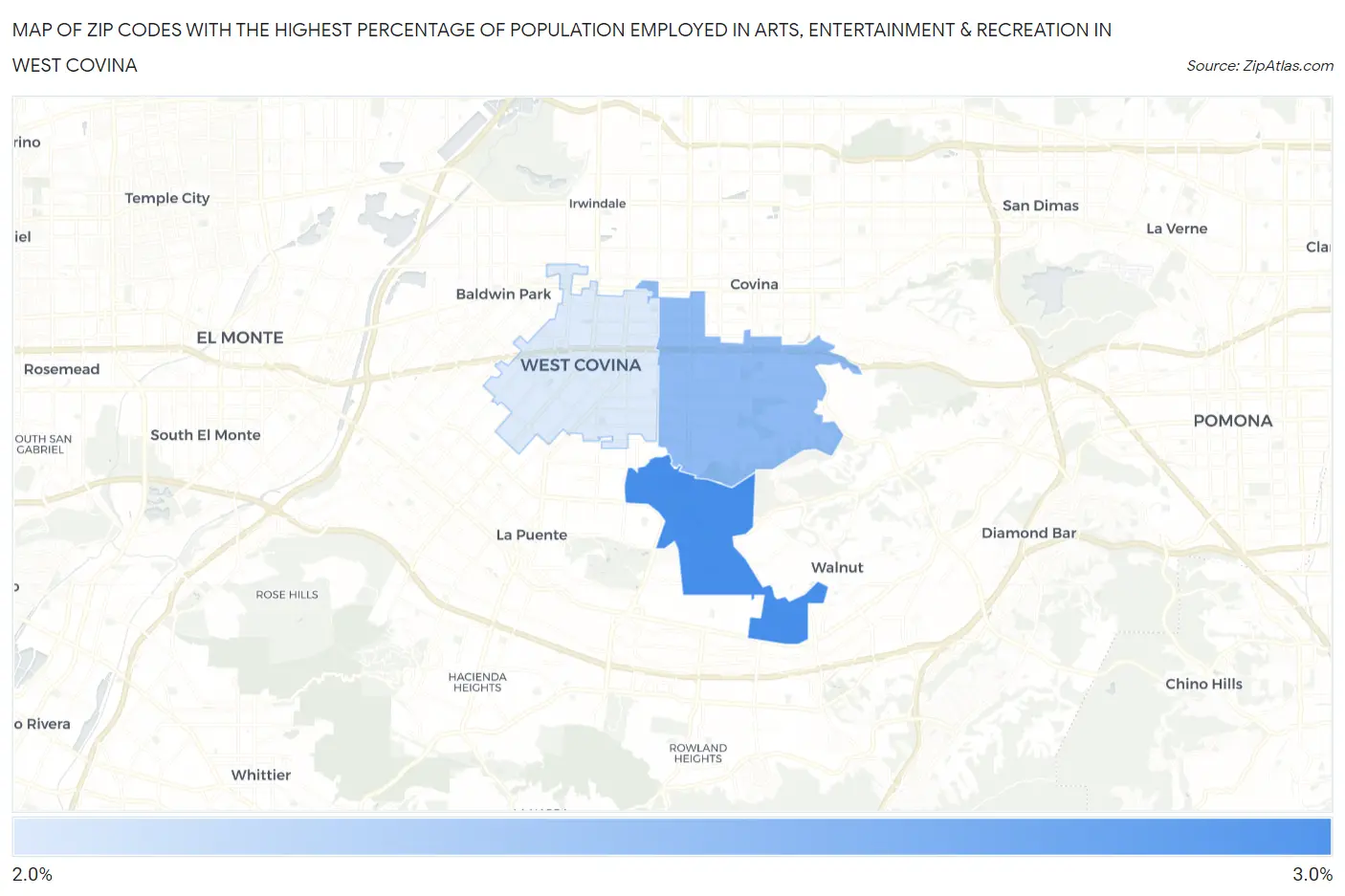 Zip Codes with the Highest Percentage of Population Employed in Arts, Entertainment & Recreation in West Covina Map