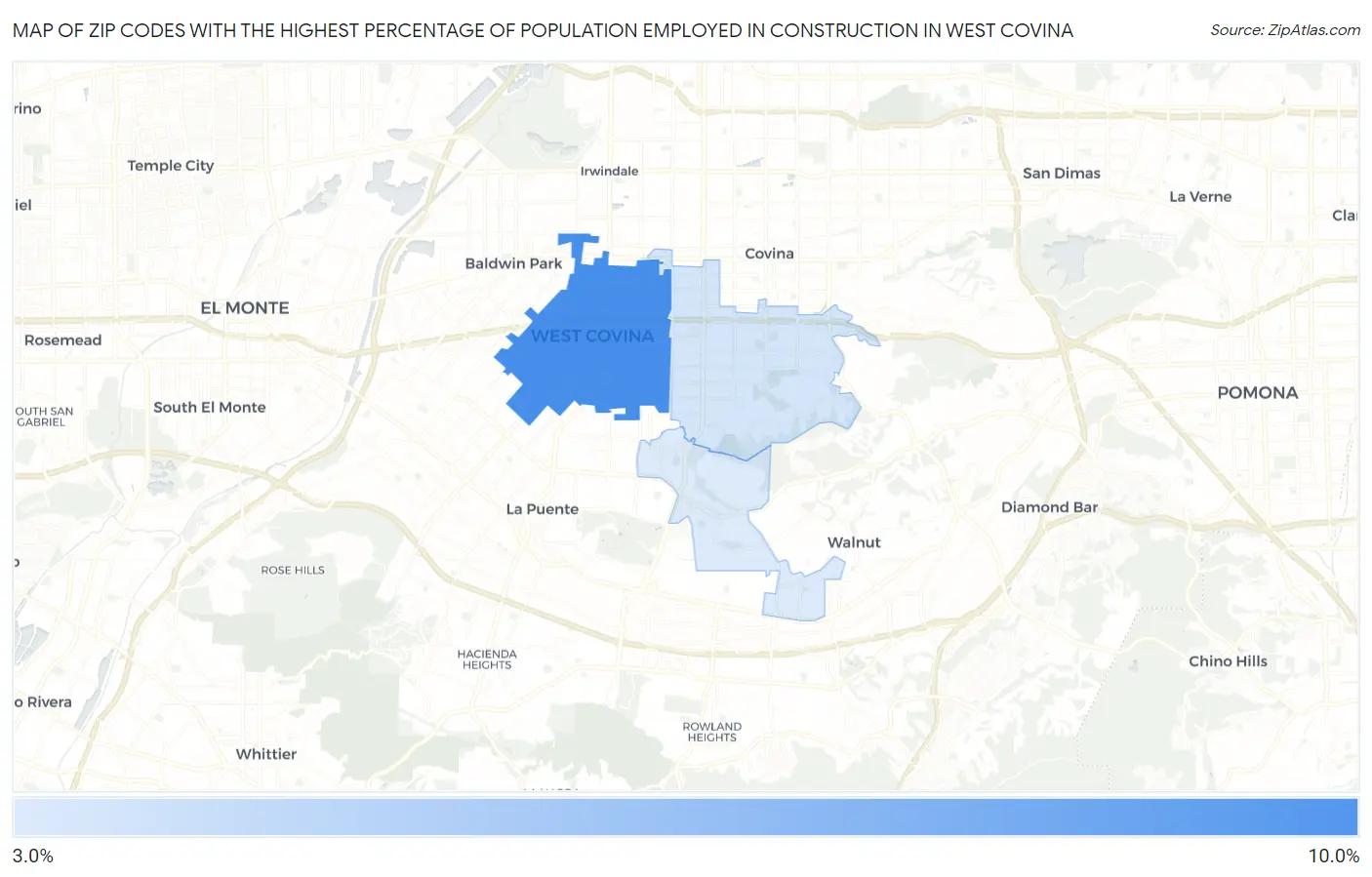 Zip Codes with the Highest Percentage of Population Employed in Construction in West Covina Map